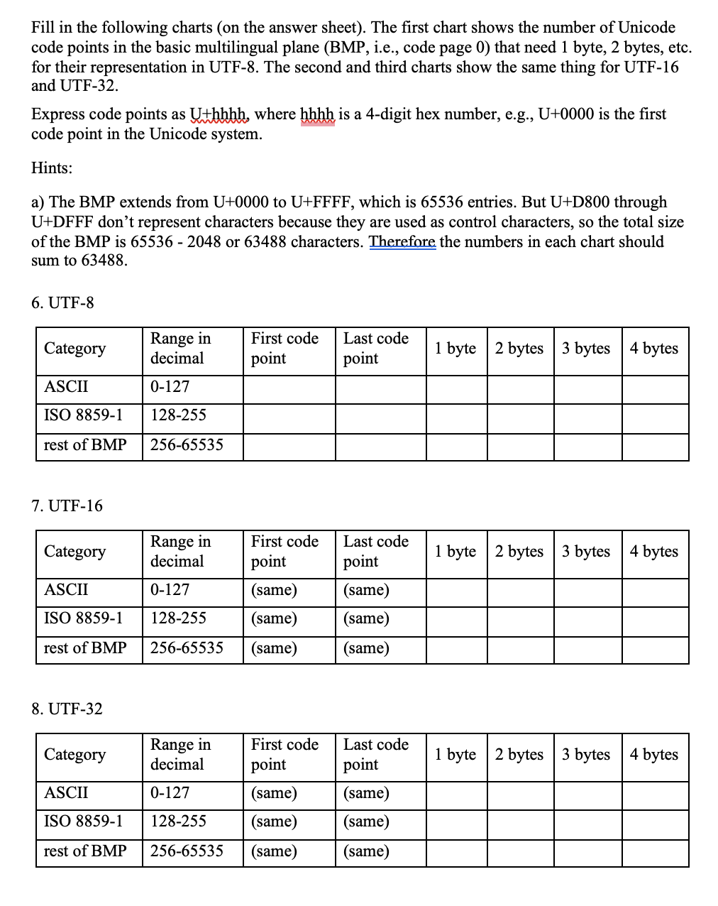 Solved Fill in the following charts (on the answer sheet). | Chegg.com