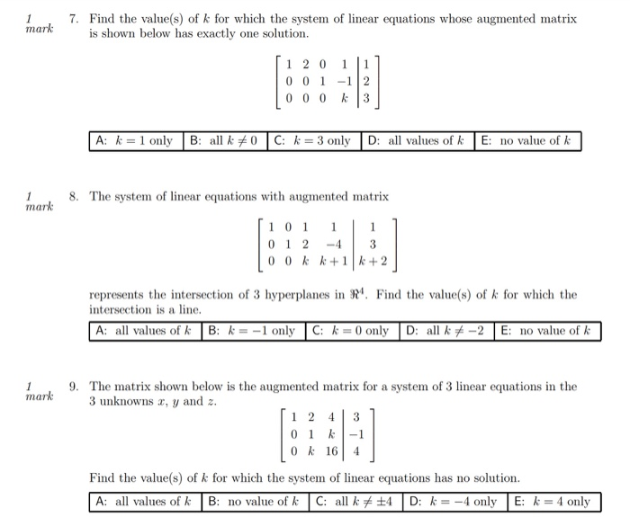 Solved mark 7. Find the value(s) of k for which the system | Chegg.com
