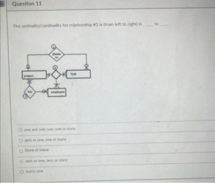 The ordinality/cardinality for relationship \( \$ 3 \) is (from left to right) is to
one and only one, one or mary
zero or on
