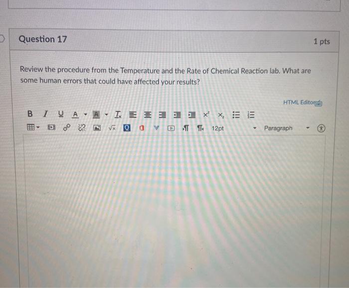 Solved Question 17 1 pts Review the procedure from the | Chegg.com