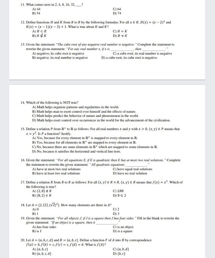 Solved 11 What Comes Next In 2 4 8 16 32 A 44 B 5 Chegg Com