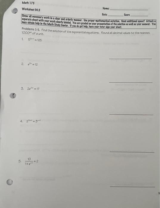 Solved Math 175 Name: Worksheet: $4.1 Score Pate Show all | Chegg.com
