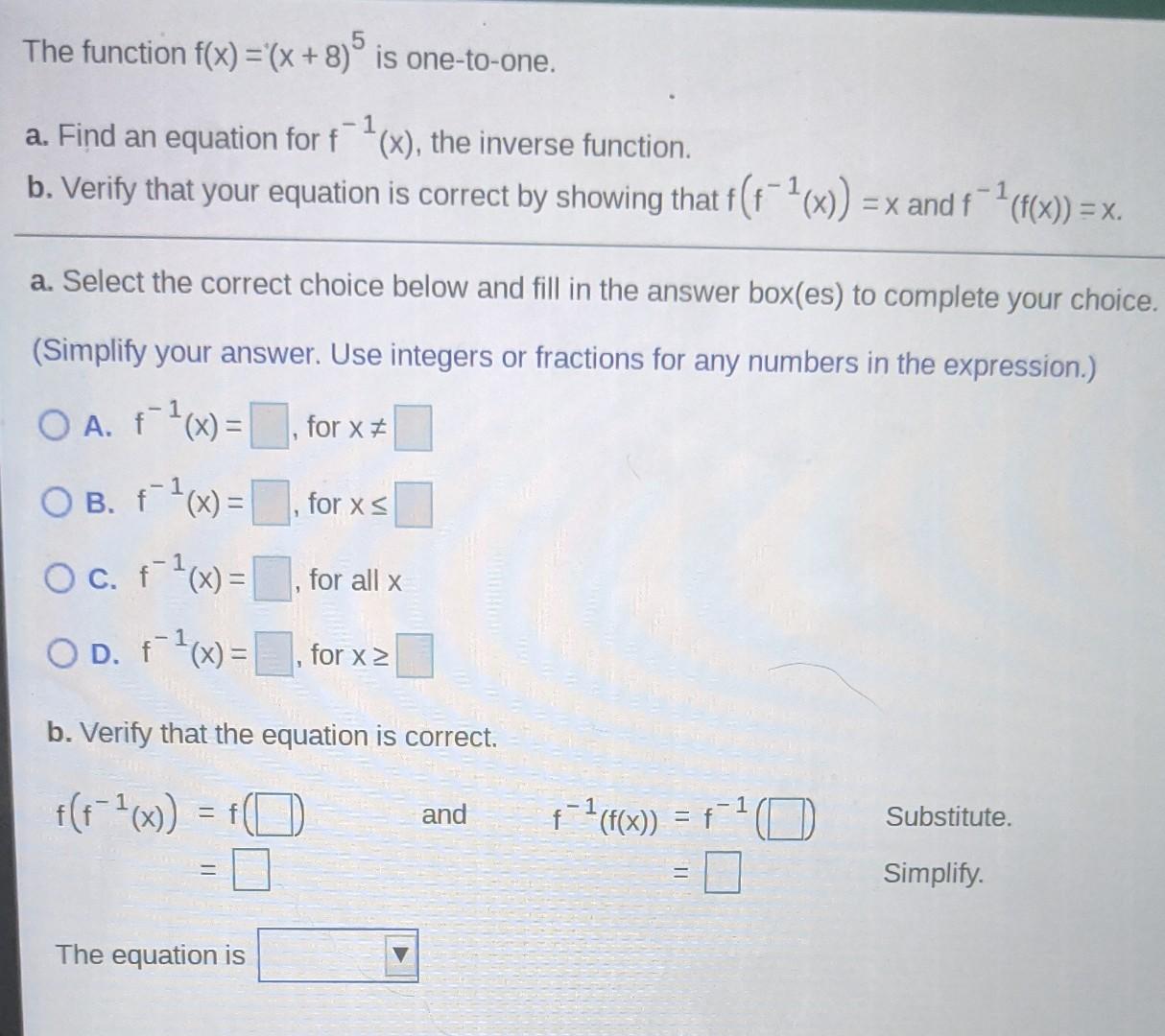 Solved The function f(x) ='(X + 8) is one-to-one. 5 a. Find | Chegg.com