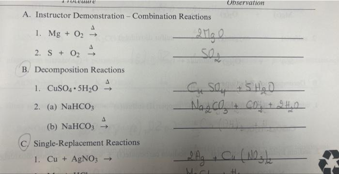 Solved A. Instructor Demonstration-Combination Reactions 1. | Chegg.com
