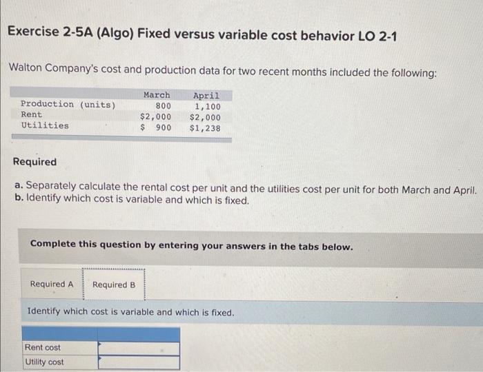 Solved Exercise 2-5A (Algo) Fixed versus variable cost | Chegg.com