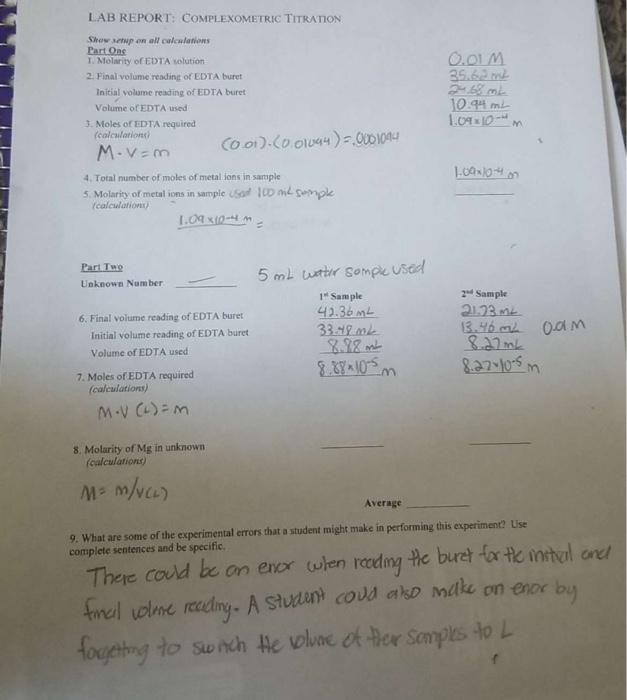 Solved LAB REPORT COMPLEXOMETRIC TITRATION C.OLM 35.22