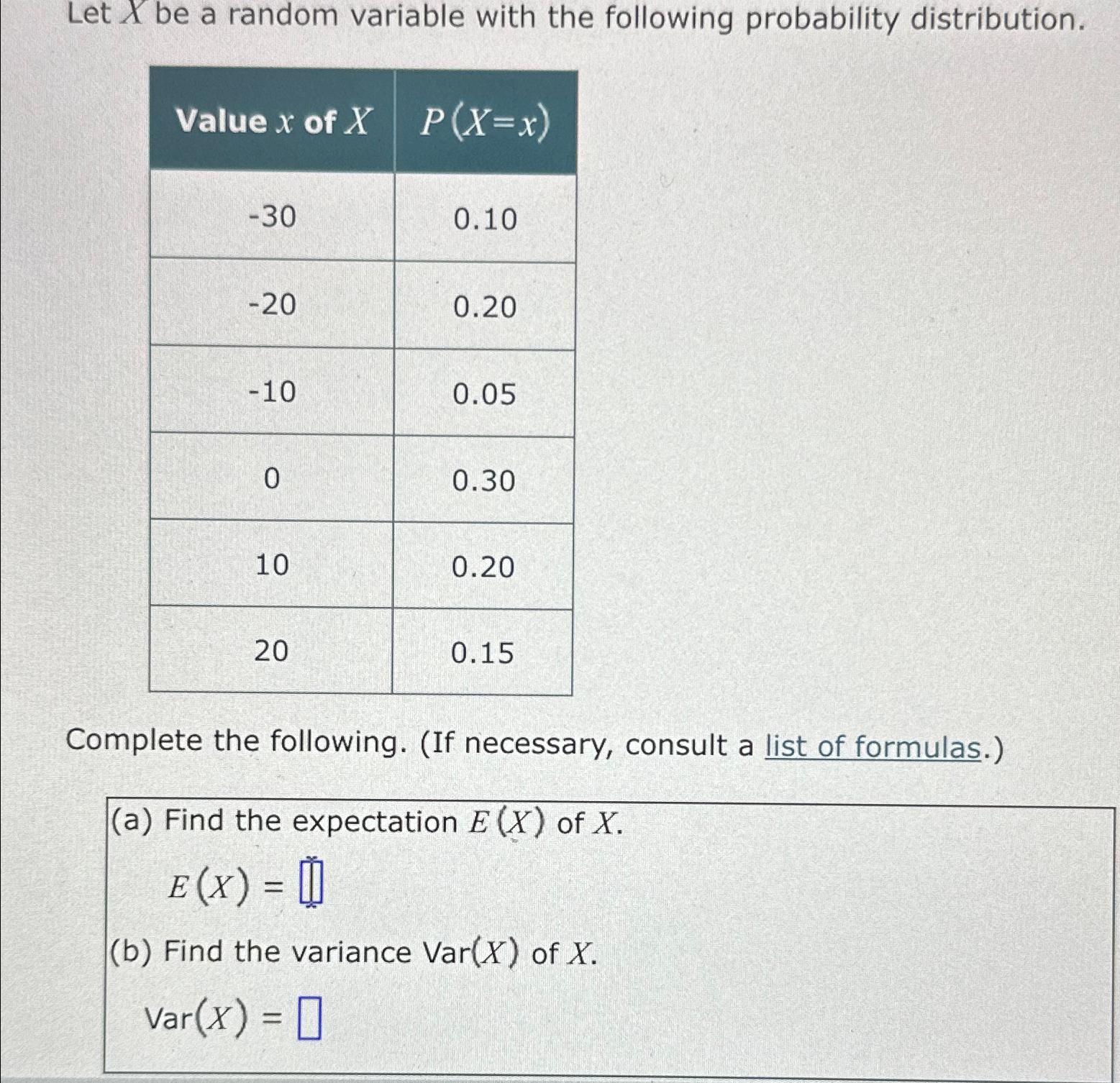 Solved Let X be a random variable with the following | Chegg.com