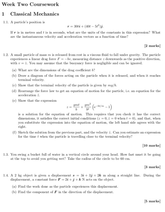 Solved Week Two Coursework 1 Classical Mechanics 1 1 A P Chegg Com