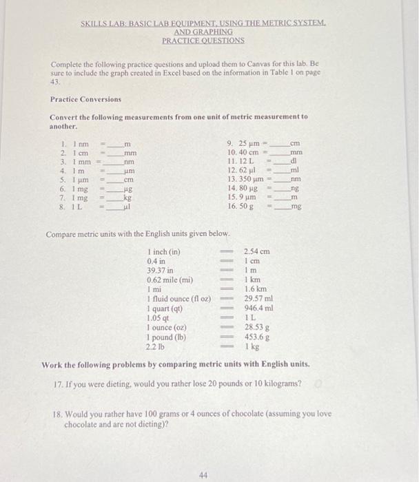 Solved SKILLS LAB BASIC LAB EQUIPMENT, USING THE METRIC