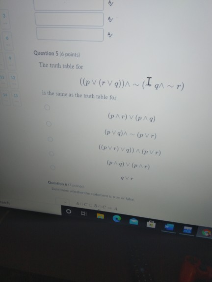 Solved A Question 5 (6 points The truth table for ((p V | Chegg.com