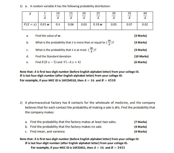 Solved 1) a. A random variable x has the following | Chegg.com