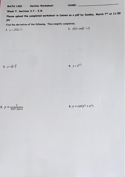 Math 1401 Section Worksheet Name Week 7 Sections Chegg Com