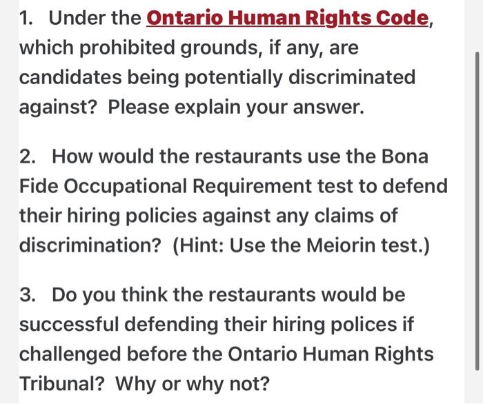 Solved 1 Under The Ontario Human Rights Code Which Chegg