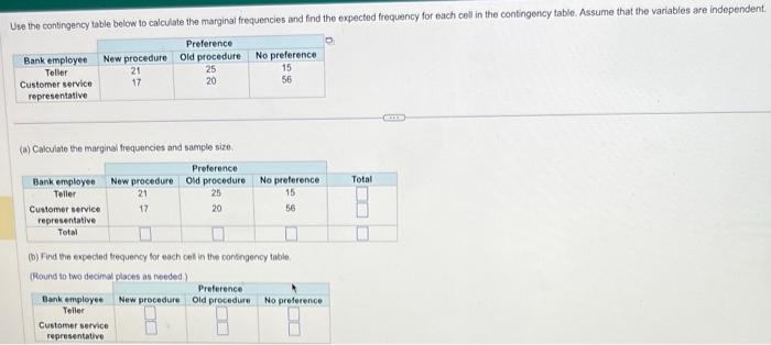 (a) Calculate the marginal frequencies and sample size.
(b) Find the expected freguency for eoch cel in the consingency table