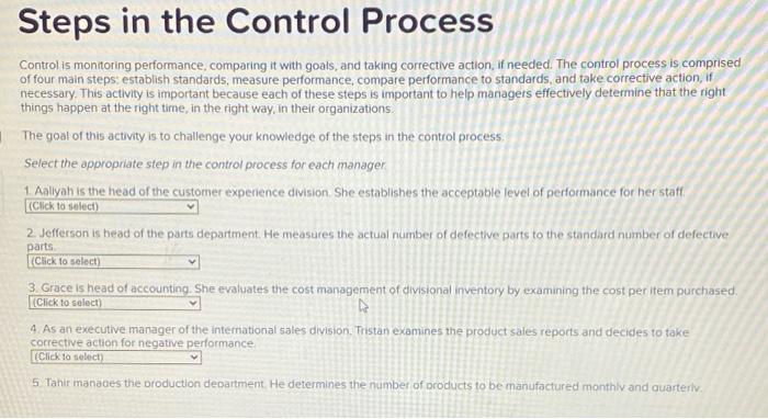 Solved Steps in the Control Process Control is monitoring | Chegg.com