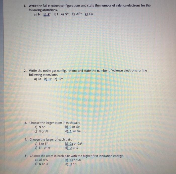 Solved 1. Write the full electron configurations and state | Chegg.com
