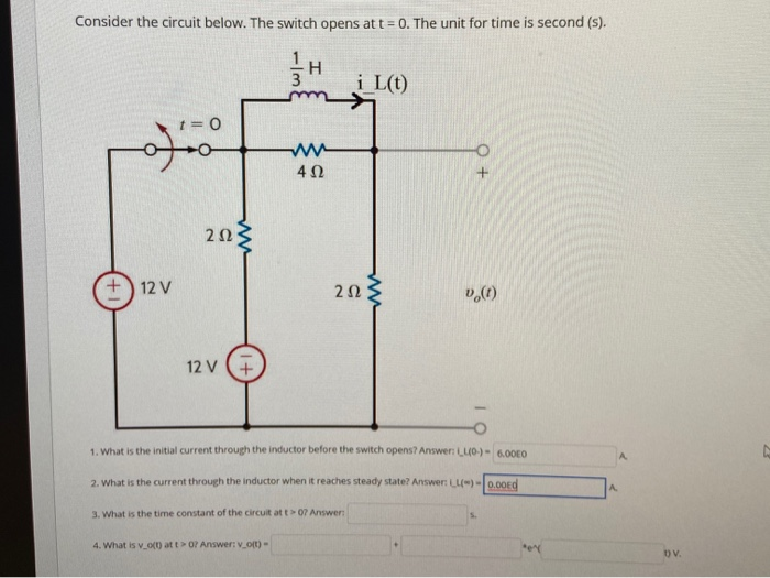 Solved Consider the circuit below. The switch opens at t = | Chegg.com