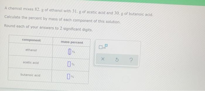 Solved A chemist mixes 82. g of ethanol with 31. g of acetic | Chegg.com