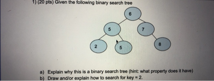 Solved 1) (20 pts) Given the following binary search tree OO | Chegg.com