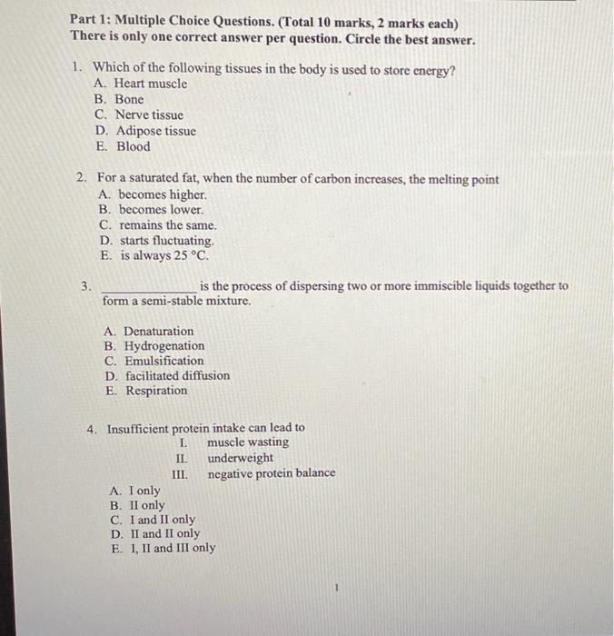 Solved Part 1: Multiple Choice Questions. (Total 10 marks, 2 | Chegg.com