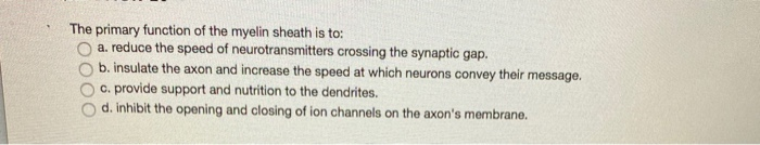 Solved The primary function of the myelin sheath is to: a. | Chegg.com