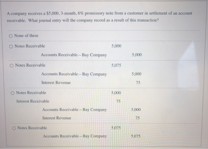 Solved A company receives a $5,000, 3-month, 6% promissory | Chegg.com