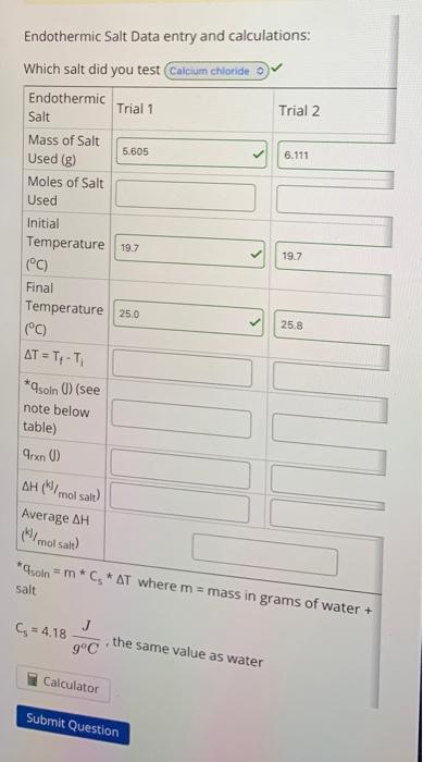 Solved Endothermic Salt Data entry and calculations: sait = | Chegg.com