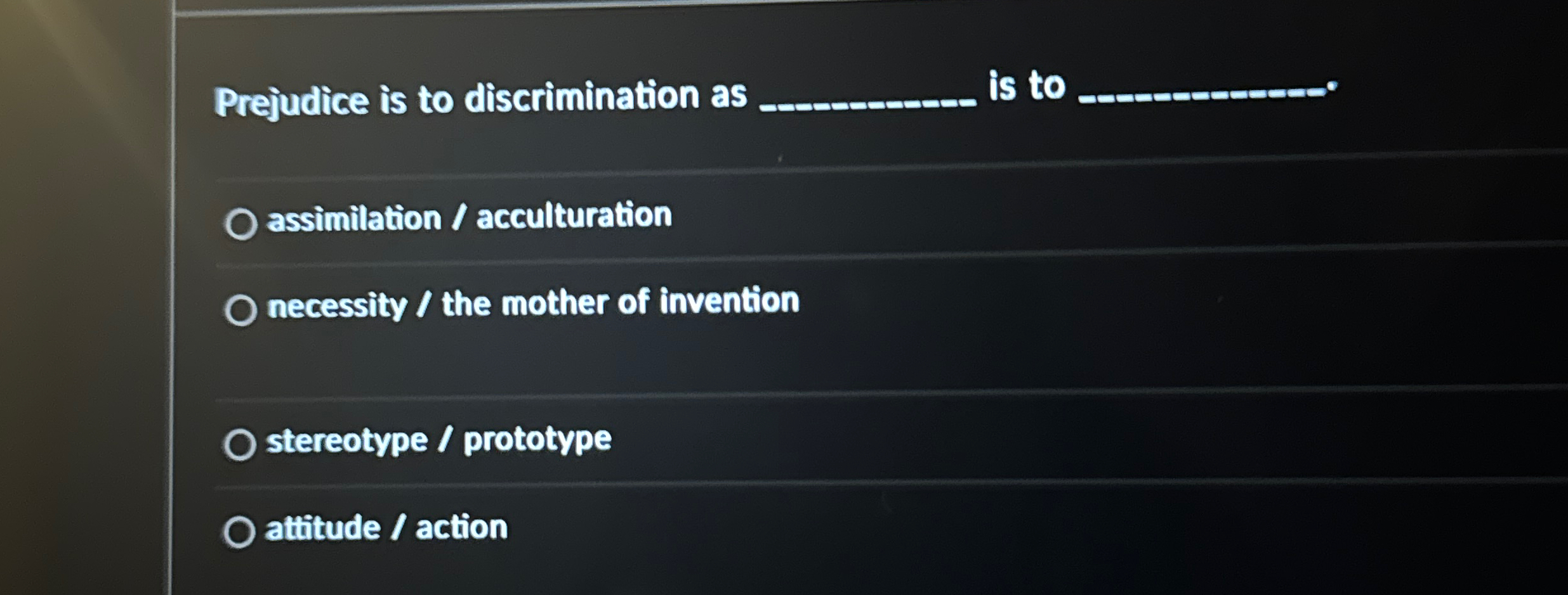Solved Prejudice is to discrimination as q, ﻿is to | Chegg.com