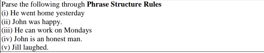Parse the following through Phrase Structure Rules
(i) He went home yesterday
(ii) John was happy.
(iii) He can work on Monda