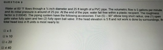 Solved QUESTION 9 Water at 60 "F flows through a % inch | Chegg.com