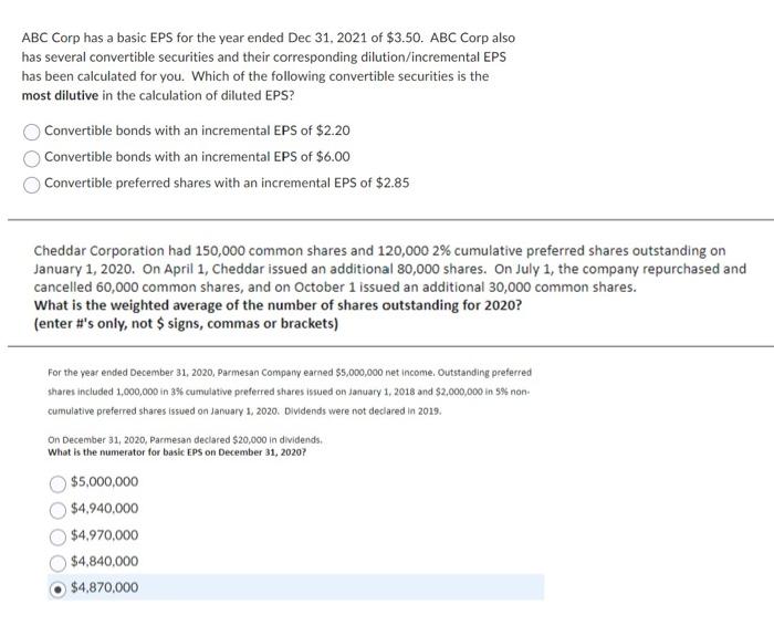Solved ABC Corp has a basic EPS for the year ended Dec | Chegg.com