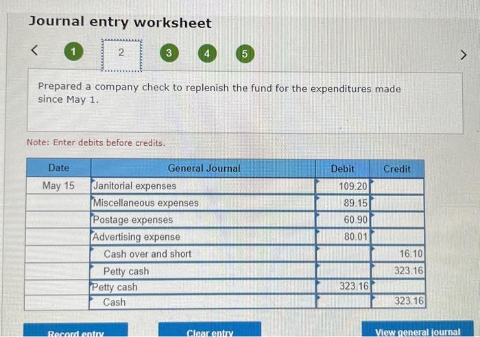 Journal entry worksheet
Prepared a company check to replenish the fund for the expenditures made since May 1.
Note: Enter deb