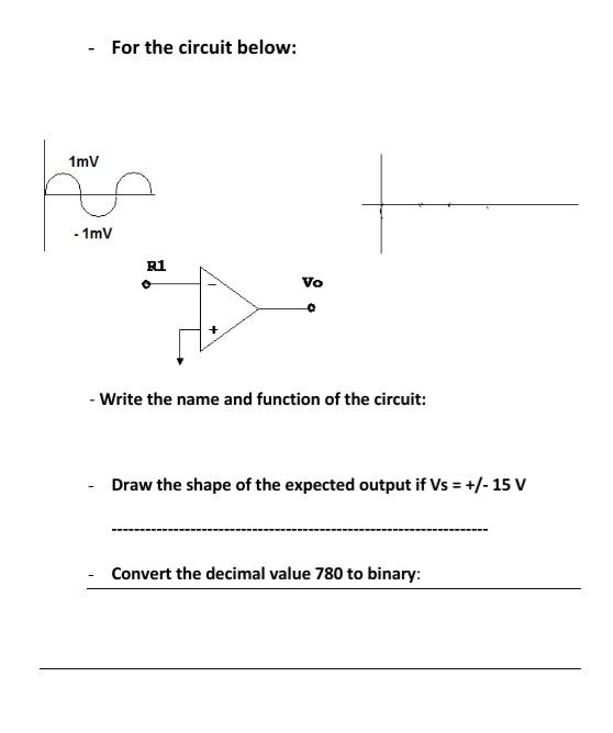 Solved For the circuit below: 1mV + - 1mV R1 Vo - Write the | Chegg.com