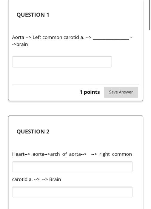 QUESTION 1 Aorta --> Left common carotid a. –> ->brain 1 points Save Answer QUESTION 2 Heart–> aorta–>arch of aorta–> –>”></div>
<div><img decoding=