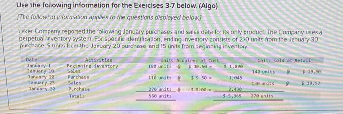Solved Use the following information for the Exercises 3.7 | Chegg.com