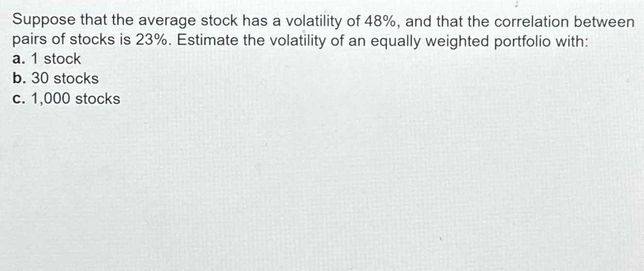 Solved Suppose that the average stock has a volatility of | Chegg.com