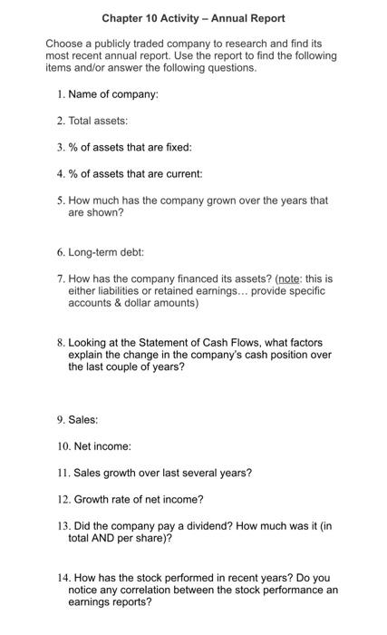 Solved Chapter 10 Activity - Annual Report Choose a publicly | Chegg.com