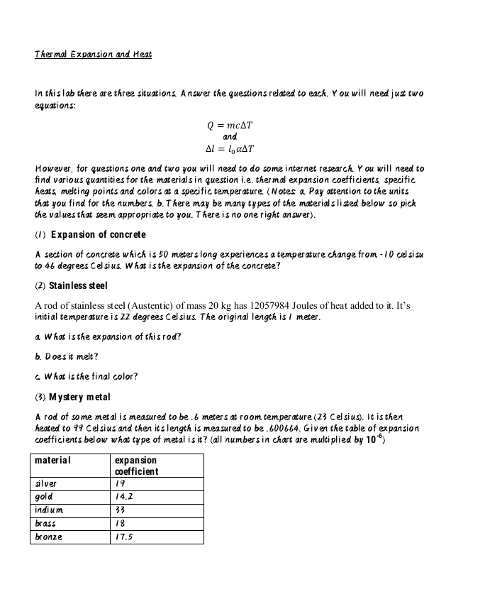 Thermal Expansion and Heat In this lab there are | Chegg.com