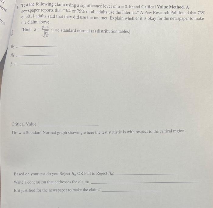 Solved 5. Test the following claim using a significance | Chegg.com