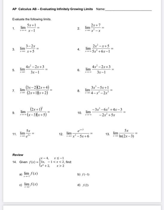 Solved AP Calculus AB - Evaluating Infinitely Growing Limits | Chegg.com