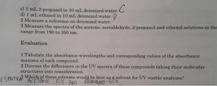 Solved c) 1 mL 2.propanol in 10 mL deionized water C d) 1 mL | Chegg.com