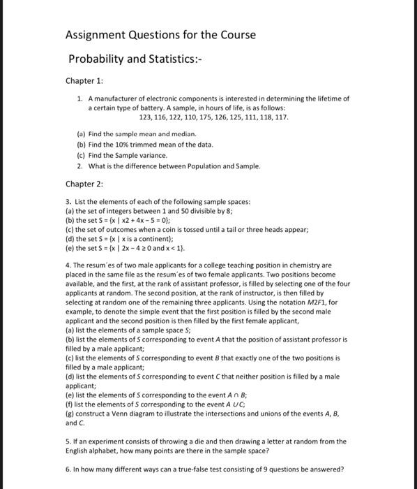 Solved Assignment Questions for the Course Probability and | Chegg.com