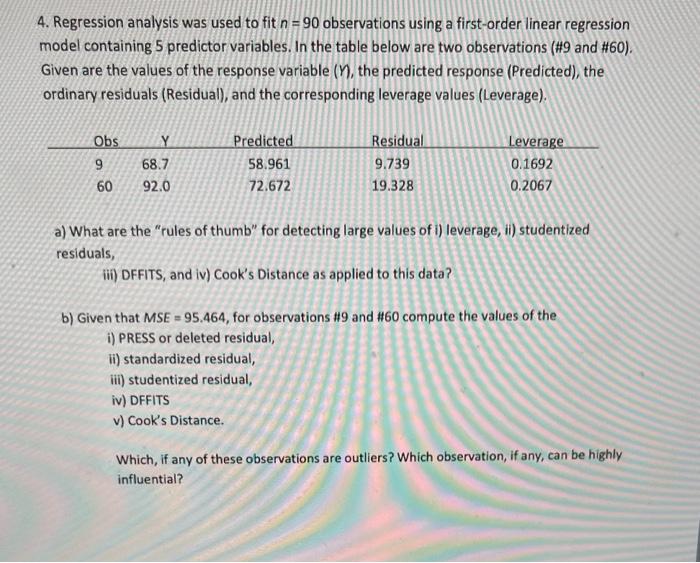 Solved 4 regression analysis was used to fit n 90 chegg