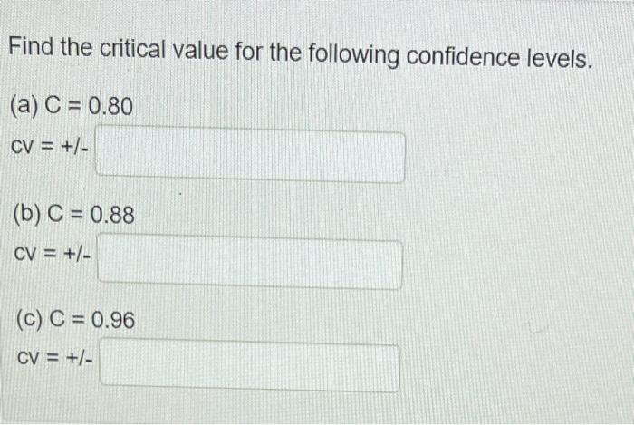 Solved Find the critical value for the following confidence | Chegg.com