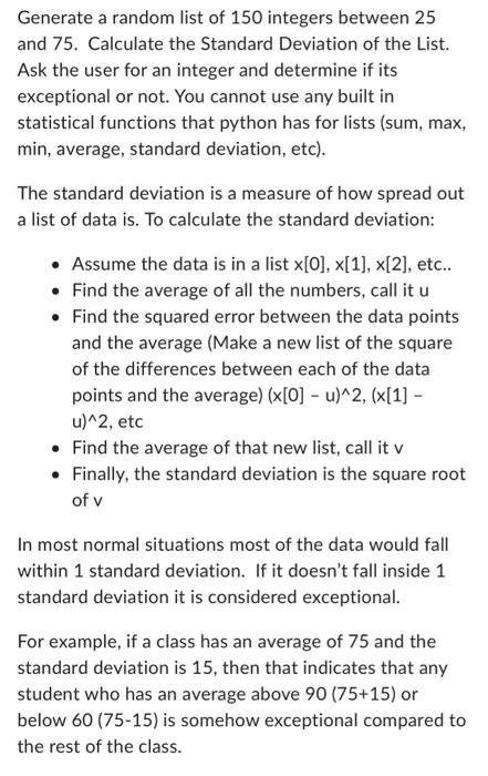 Solved Generate a random list of 150 integers between 25 and | Chegg.com