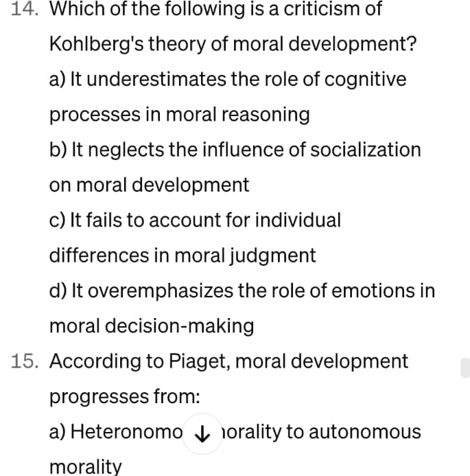 Solved Which of the following is a criticism of Kohlberg s Chegg