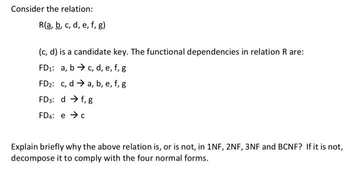 Solved Consider The Relation: R(a,b,c,d,e,f,g) (c, D) Is A | Chegg.com