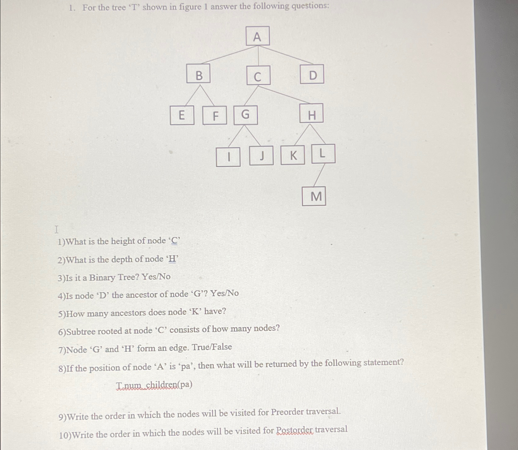 Solved For the tree ' T ' ﻿shown in figure 1 ﻿answer the | Chegg.com