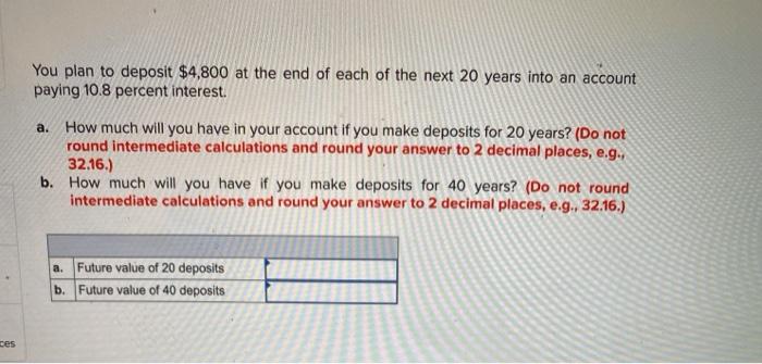 Solved You plan to deposit $4,800 at the end of each of the | Chegg.com