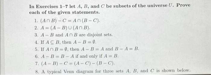 Solved In Exercises 1-7 Let A, B, And C Be Subsets Of The | Chegg.com